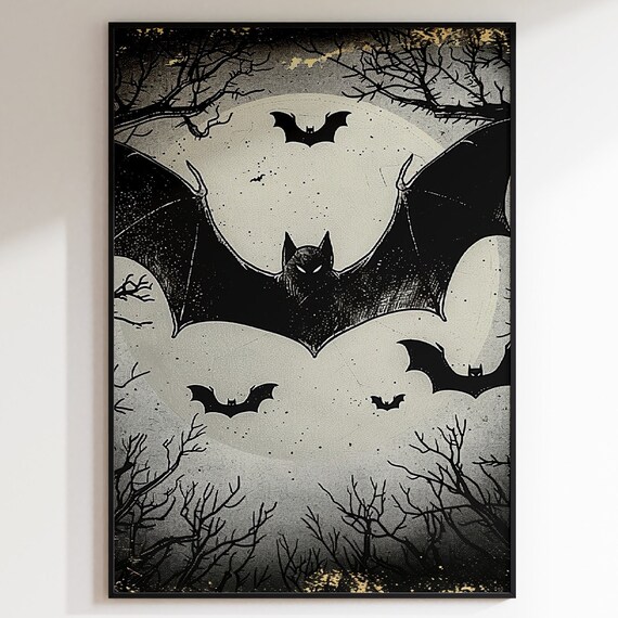 Giant Bat Over Full Moon Vintage Engraving Style Spooky Poster