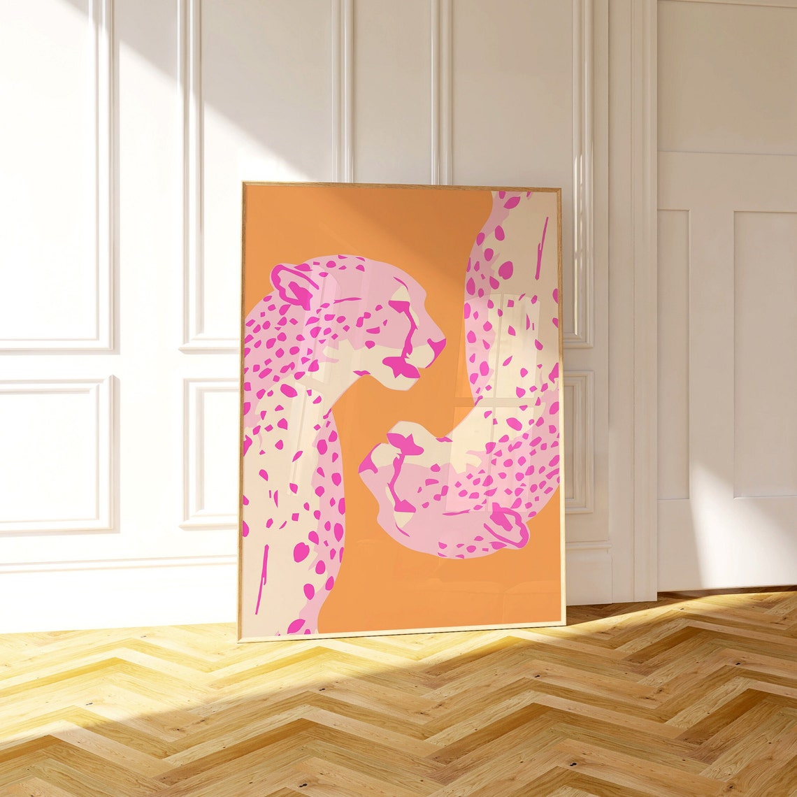Pink Spotted Wildcats Duo Retro Pop Art Orange Background Wall Poster - Image 2