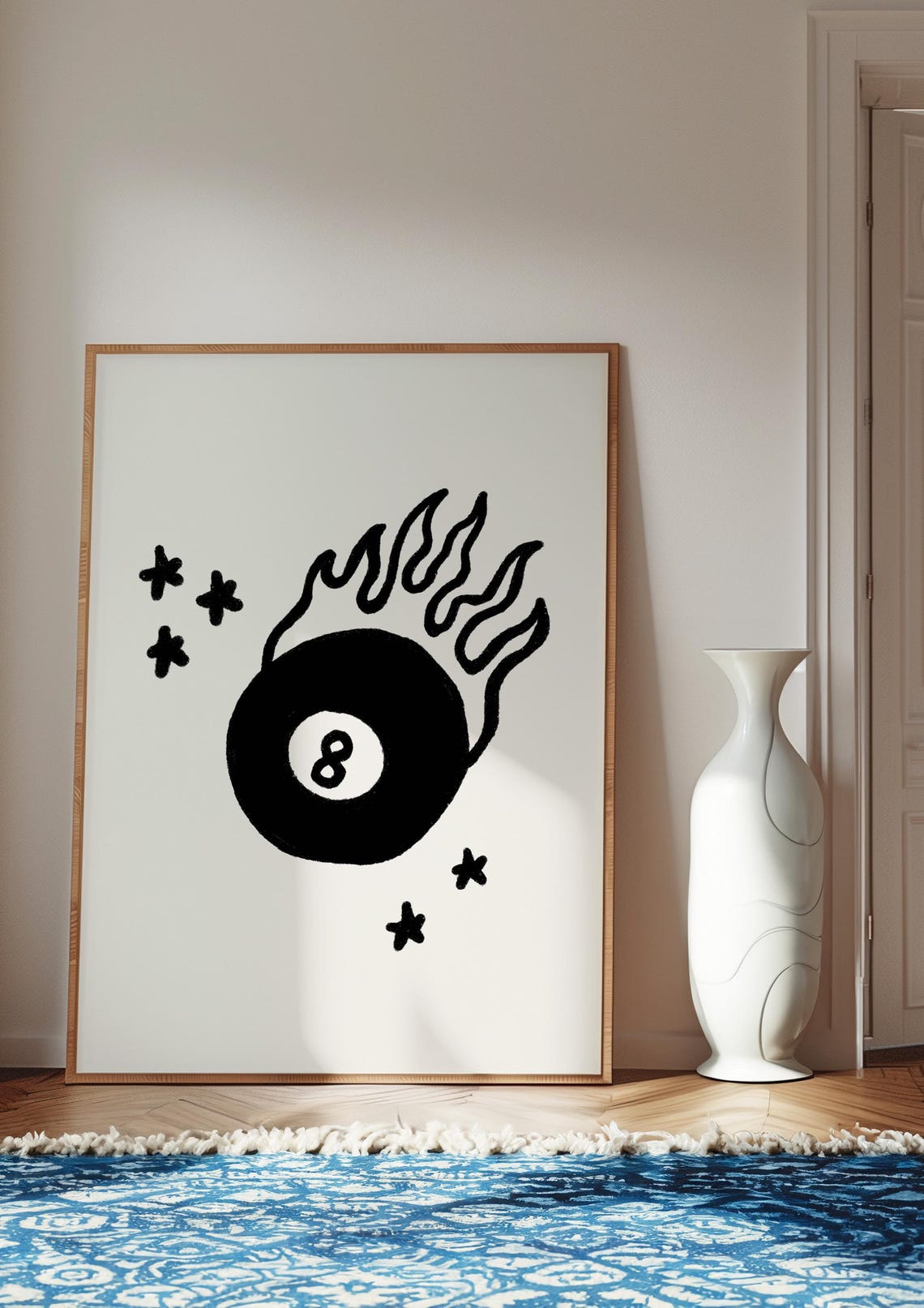 Black And White Flaming Eight Ball Trendy Retro Tattoo Style Wall Art - Image 2