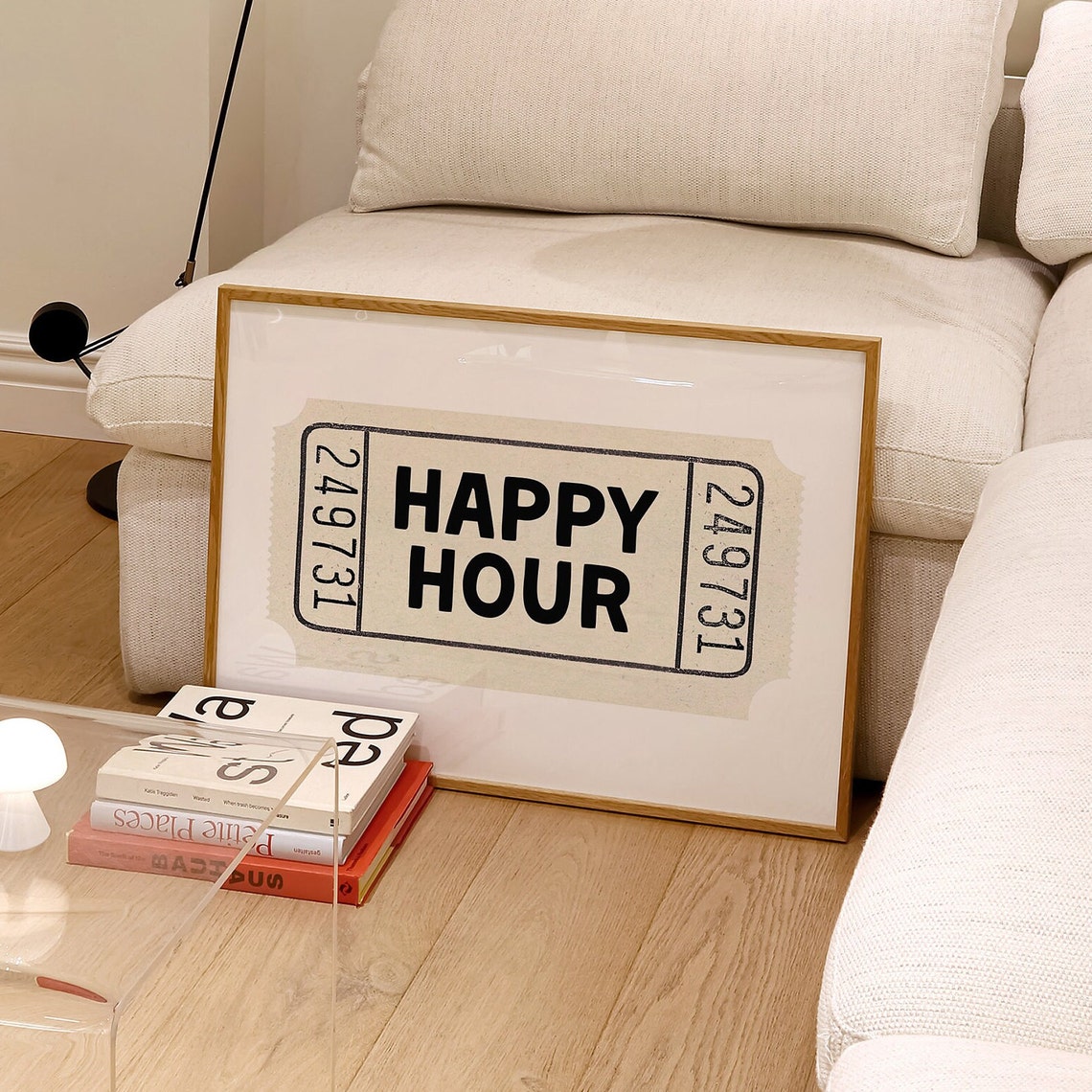 Happy Hour Cream Ticket Stub Bar Cart Retro Cocktail Wall Poster