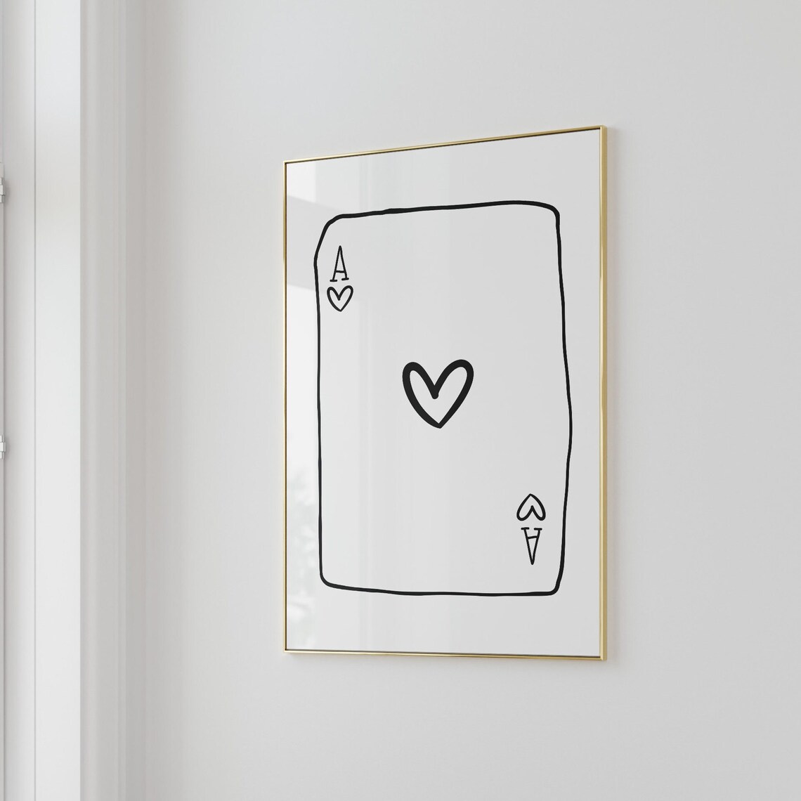 Ace of Hearts Hand Drawn Playing Card Black Minimal Line Art Poster