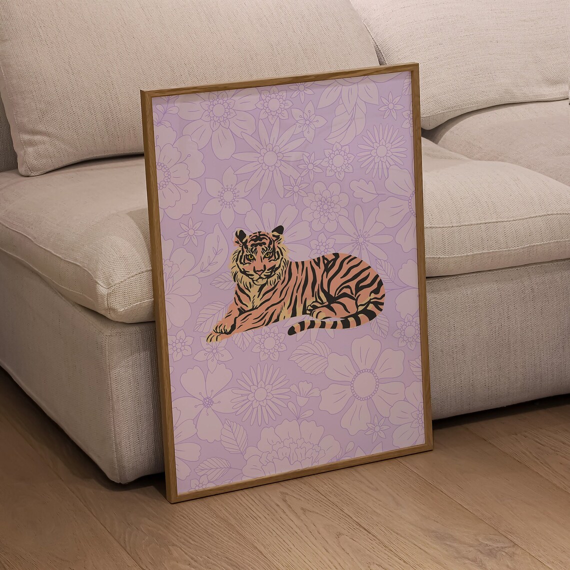 Tiger on Lilac Floral Background Groovy Retro Animal Wall Art