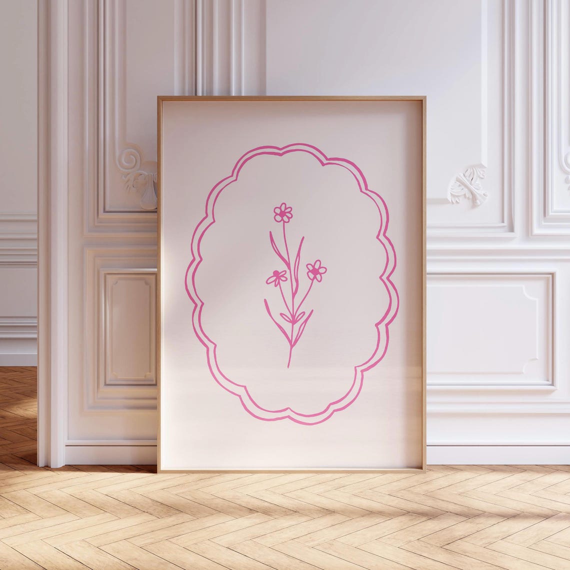 Pink Wildflower Line Drawing Coquette Floral Scalloped Frame Wall Art