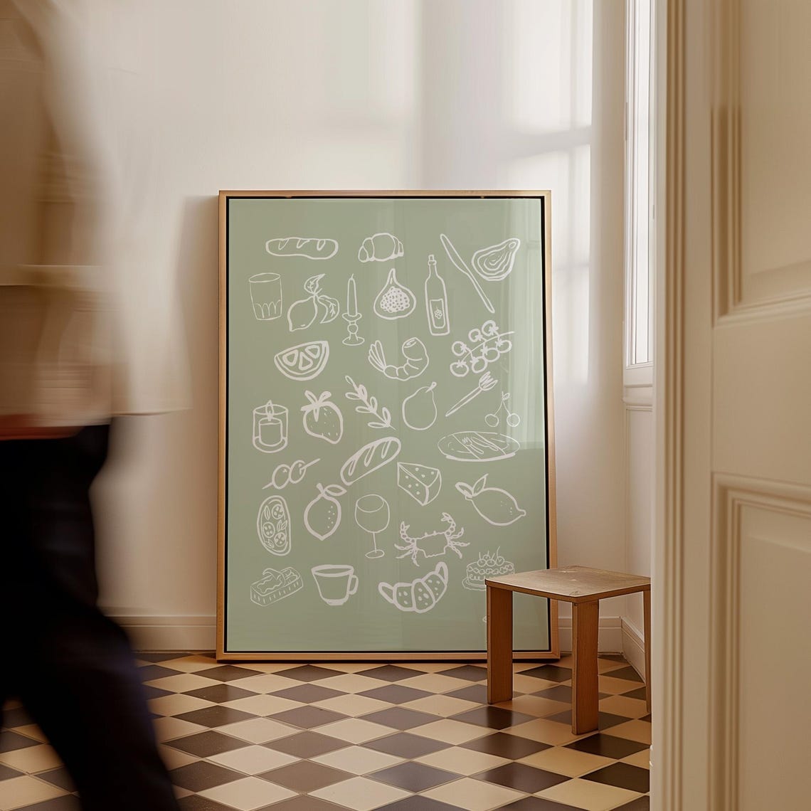 Sage Green Kitchen Food Doodle Line Art Cozy Cafe Wall Poster