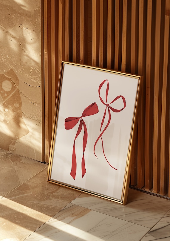 Wine Red Ribbon Bow Watercolor Minimalist Art Poster Room Decor