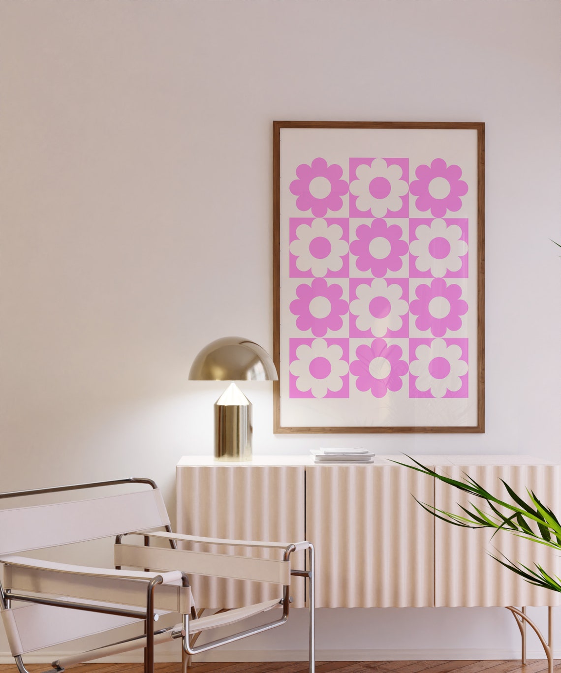 Pink Retro Daisy Grid Checkerboard Groovy Flower Power Art Print - Image 2