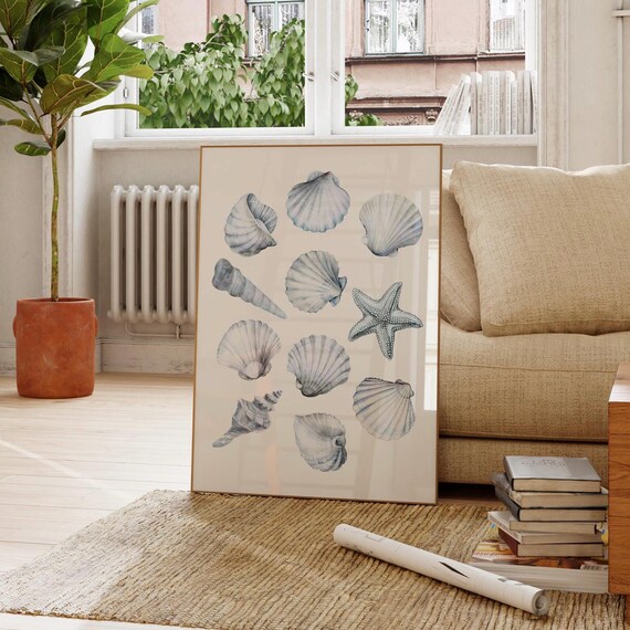 Watercolor Seashell And Starfish Blue Coastal Beach Art Poster