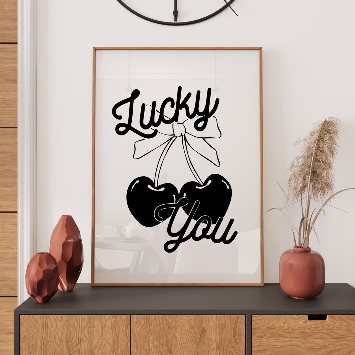 Lucky You Cherries Bow Script Black Retro Coquette Kitchen Wall Art - Image 2