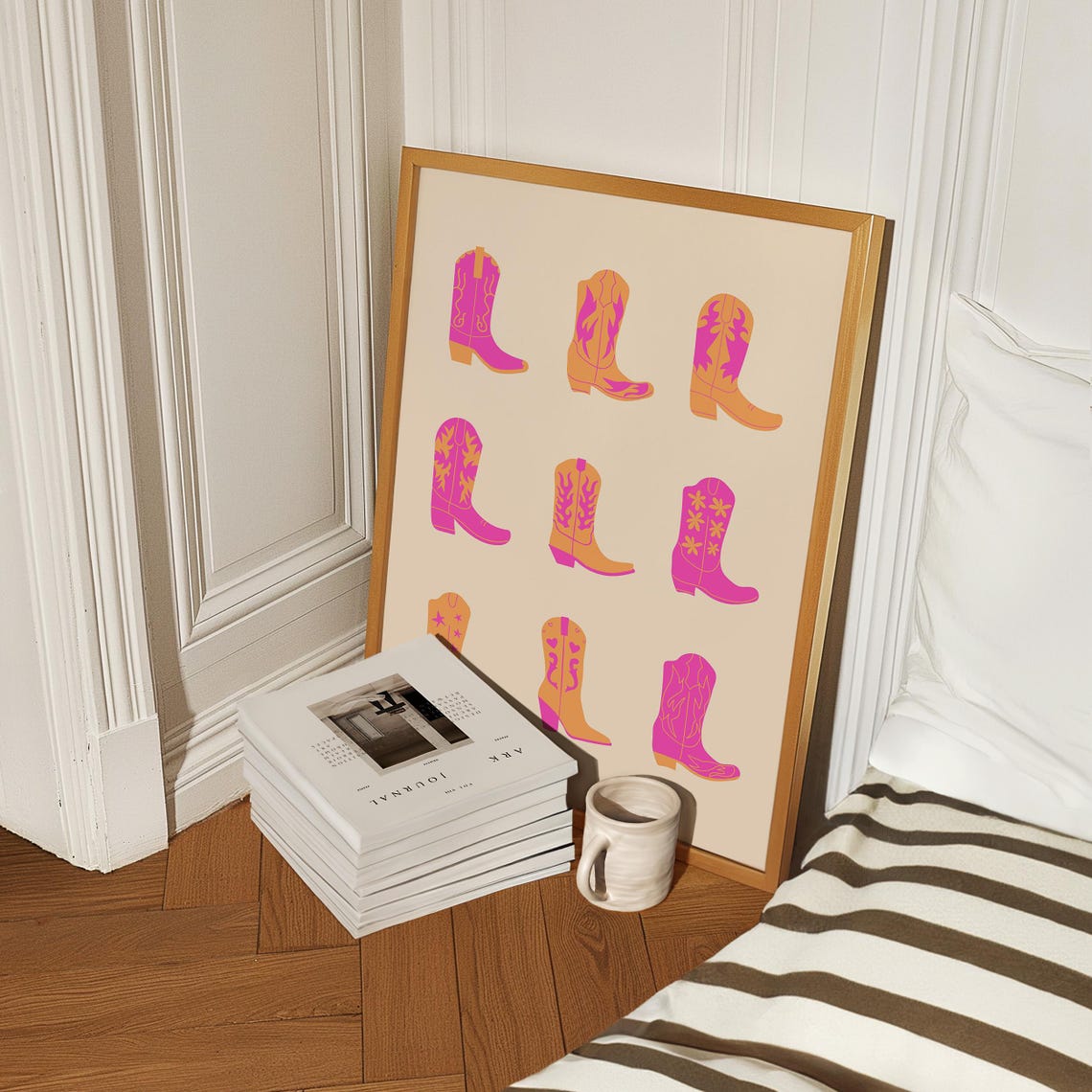 Pink Orange Cowboy Boots Grid Western Girly Preppy Dorm Poster - Image 2