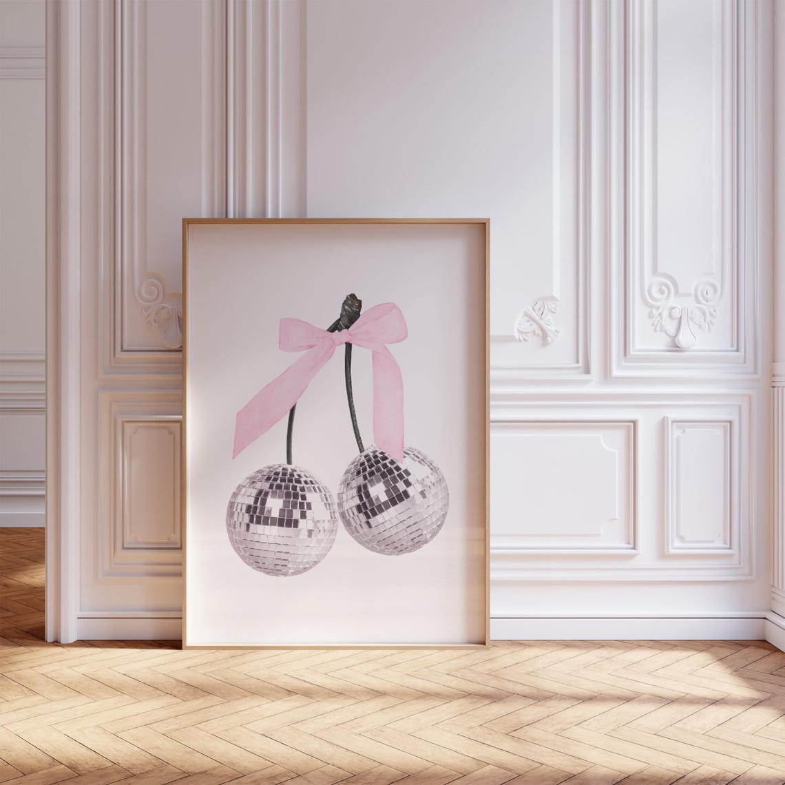 Pink Disco Ball Cherries With Bow Fun Trendy Coquette Poster - Image 2