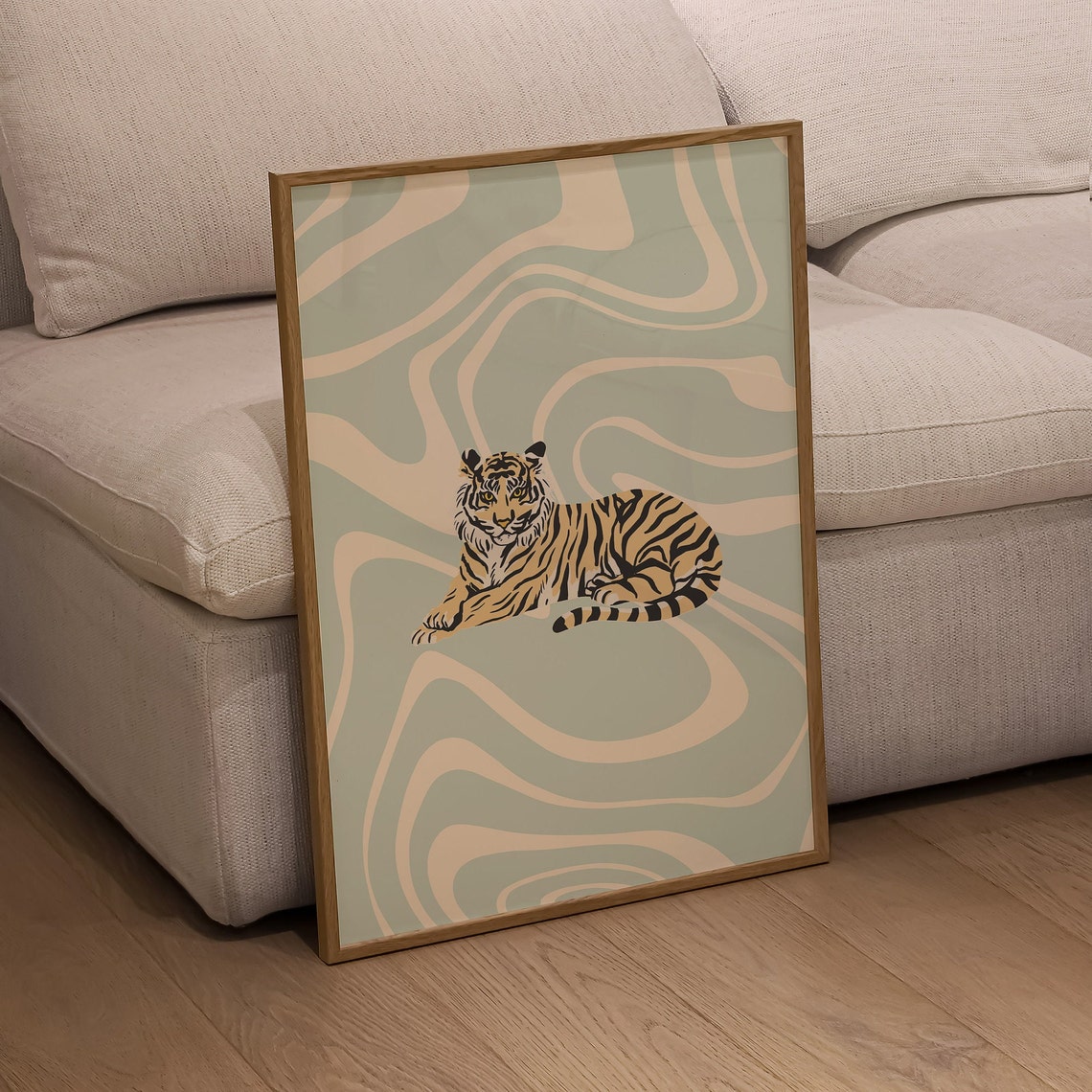 Resting Tiger On Sage Green Groovy Waves Trendy Maximalist Wall Art