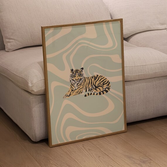Resting Tiger On Sage Green Groovy Waves Trendy Maximalist Wall Art