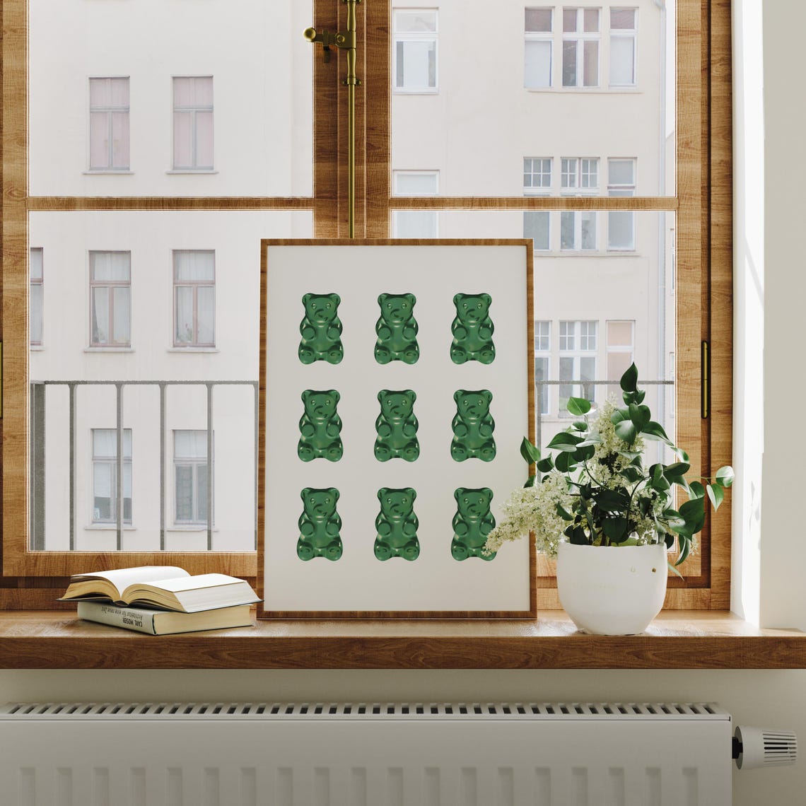 Nine Glossy Green Gummy Bears Grid Pop Candy Kids Fun Room Poster