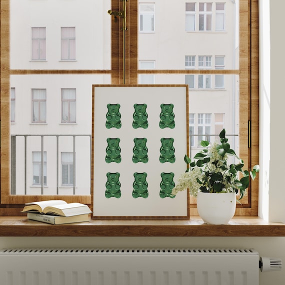 Nine Glossy Green Gummy Bears Grid Pop Candy Kids Fun Room Poster