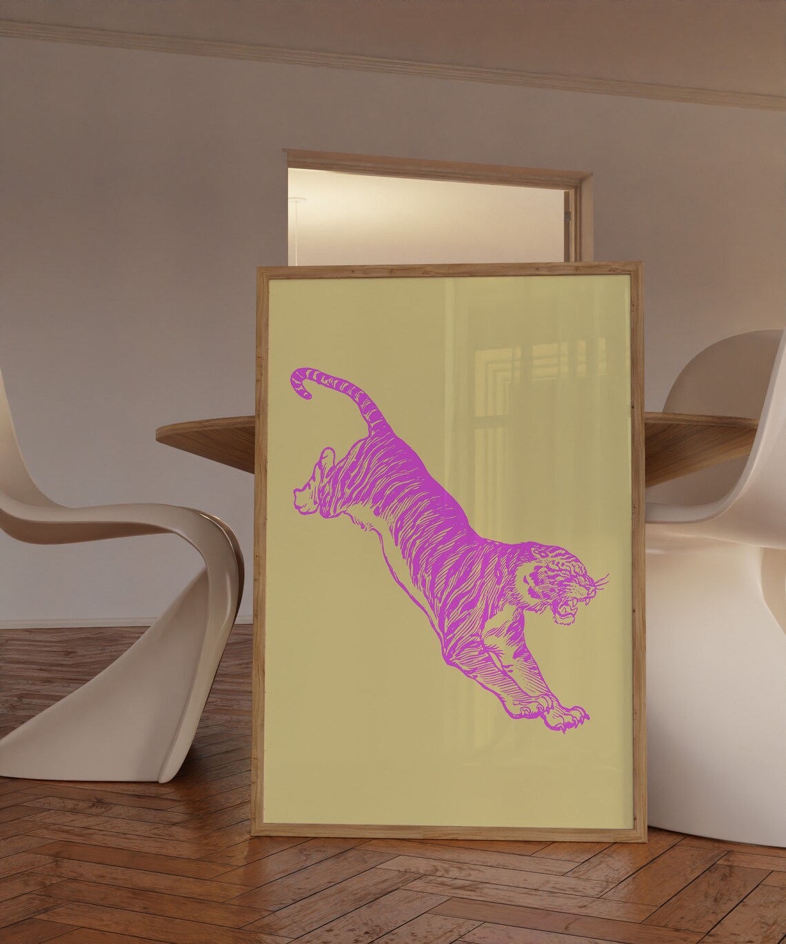 Pink Tiger Leaping Yellow Background Maximalist Retro Animal Line Art Poster - Image 2