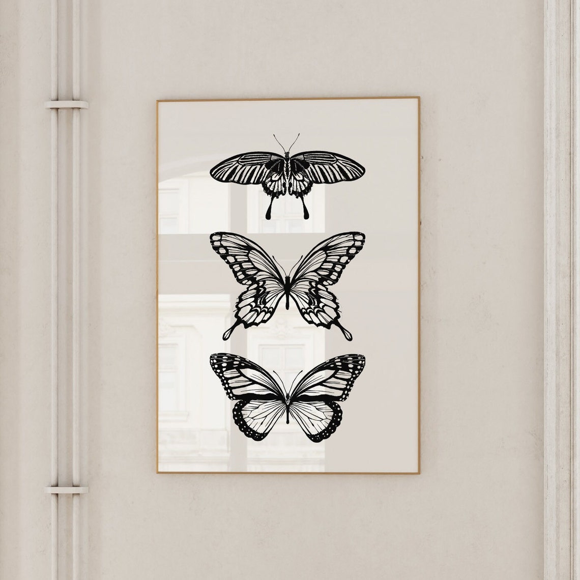 Three Black Butterflies Minimalist White Background Sketch Art Print - Image 3