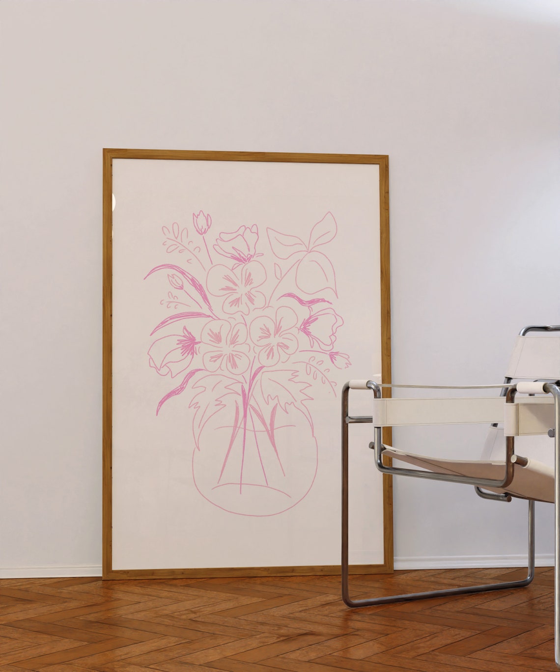 Pink Line Art Flower Bouquet Vase Minimalist Botanical Sketch Poster - Image 3