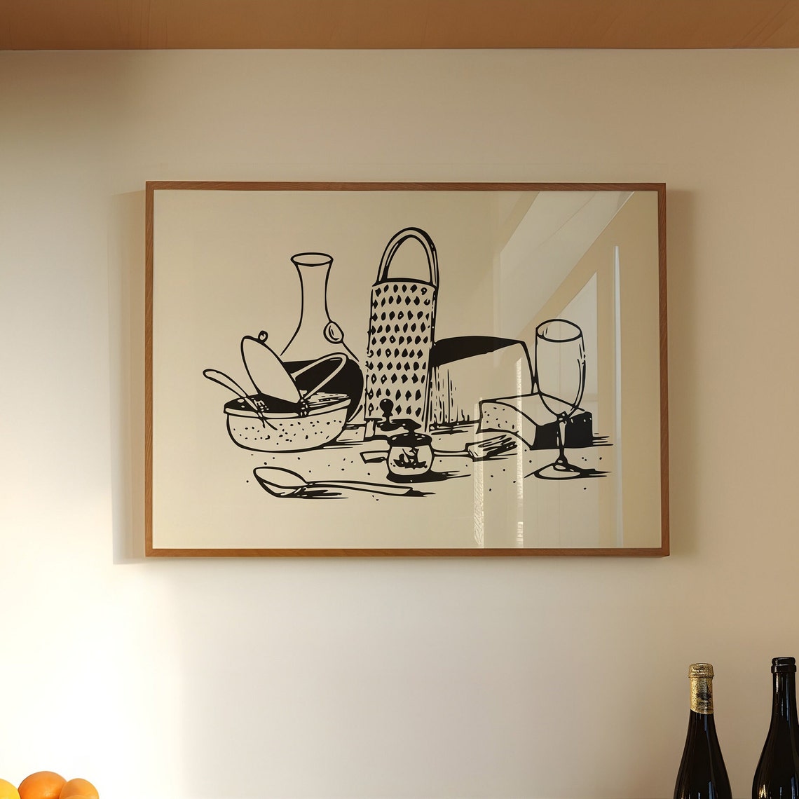 Minimalist Black Line Drawing Kitchen Utensils Retro Food Art Poster