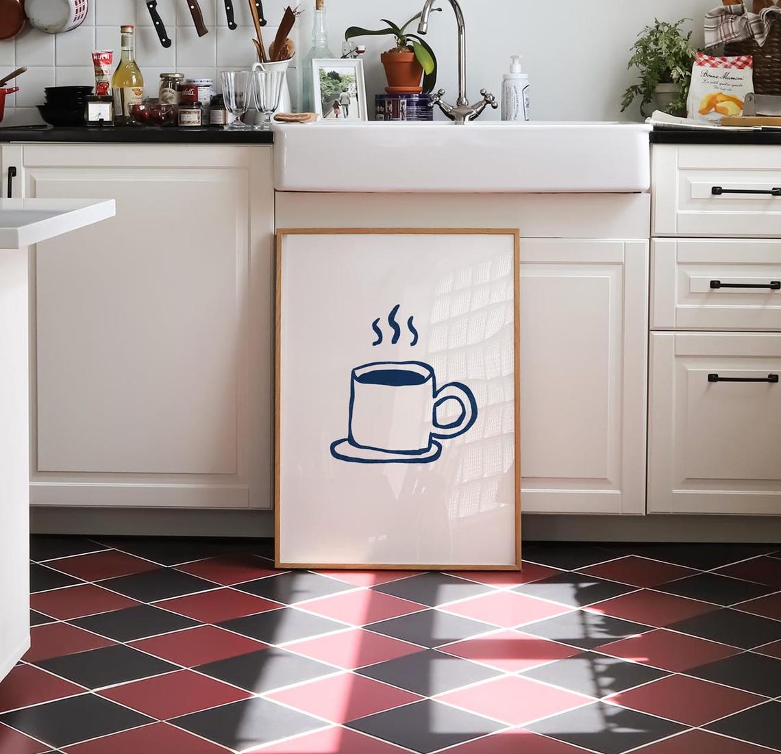 Navy Blue Hand Drawn Coffee Cup Line Art Kitchen Decor Poster - Image 3