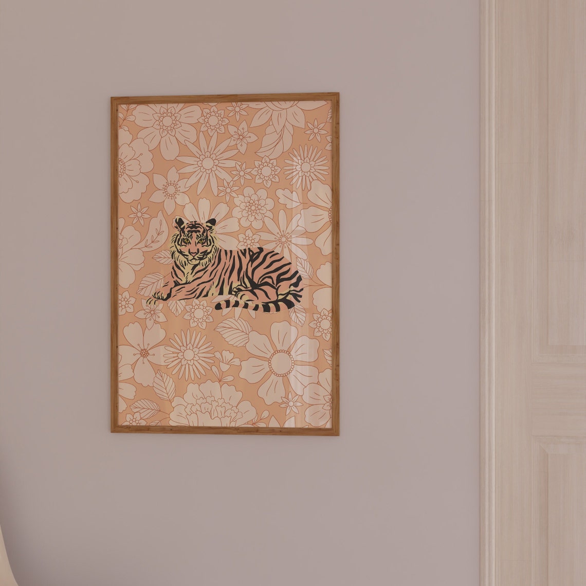 Resting Tiger On Pink Retro Floral Pattern Maximalist Art Poster