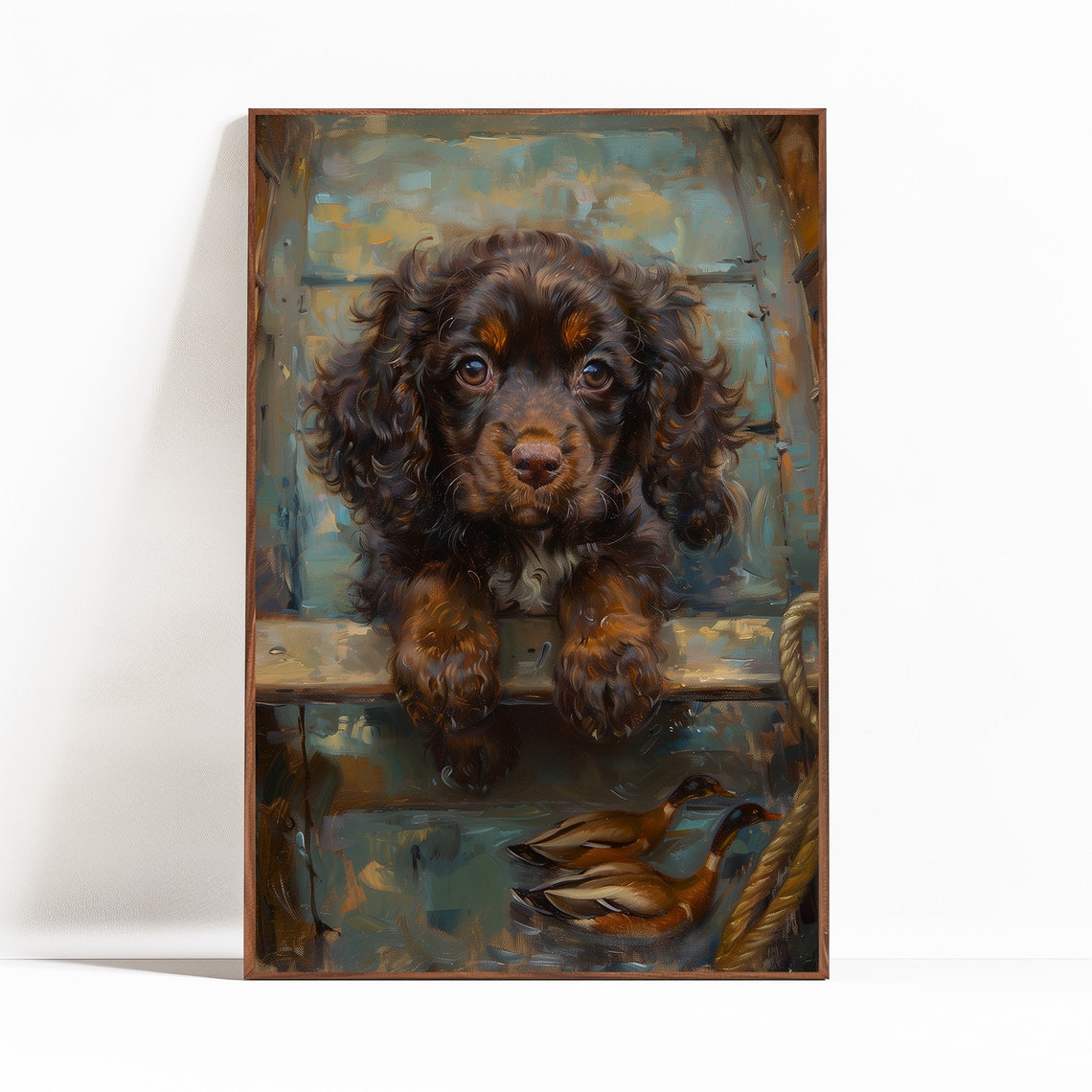 Boykin Spaniel Puppy Peering Over a Boat with Two Ducks Poster