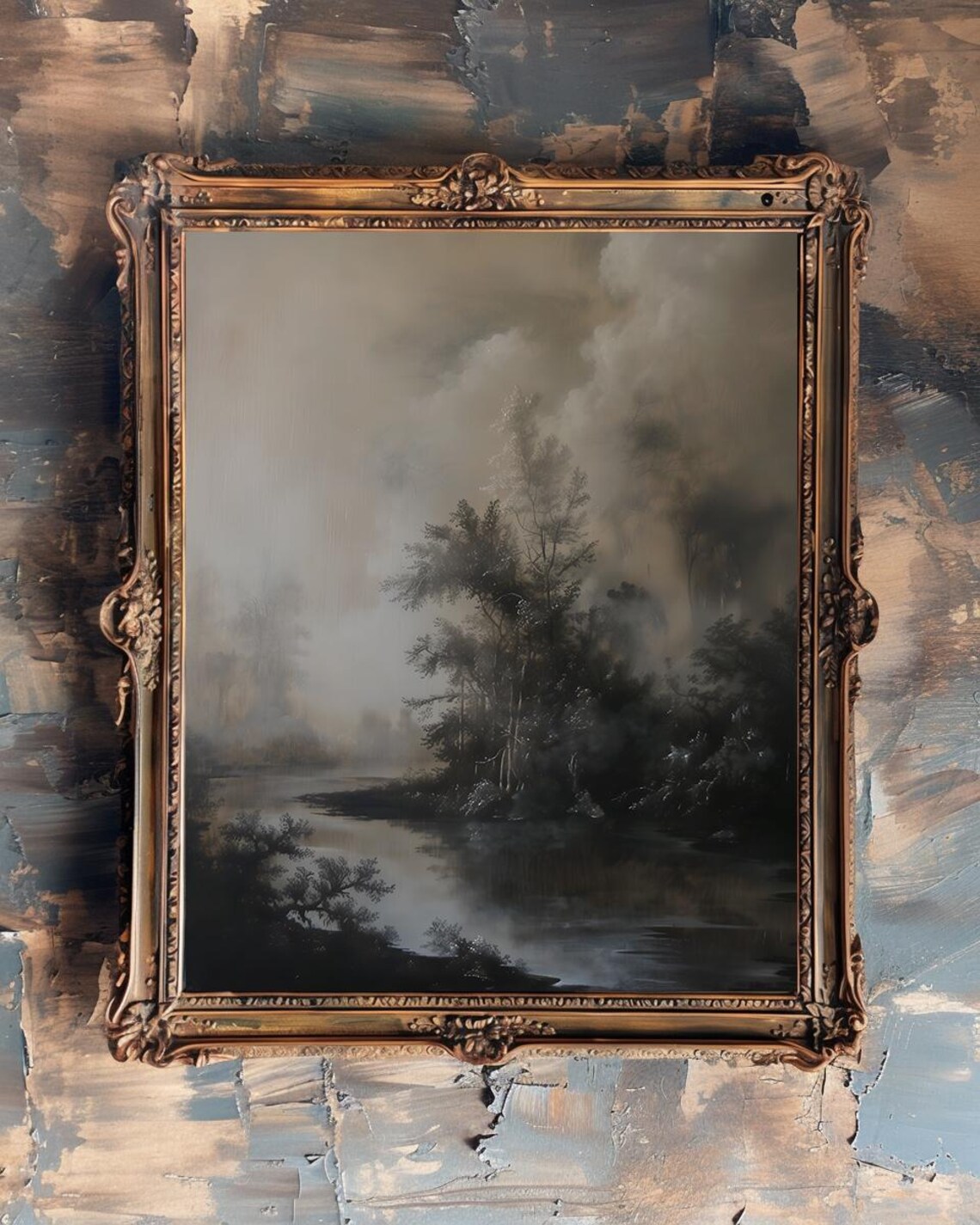 Misty Lake And Trees At Dawn Tonalist Dark Academia Landscape Poster