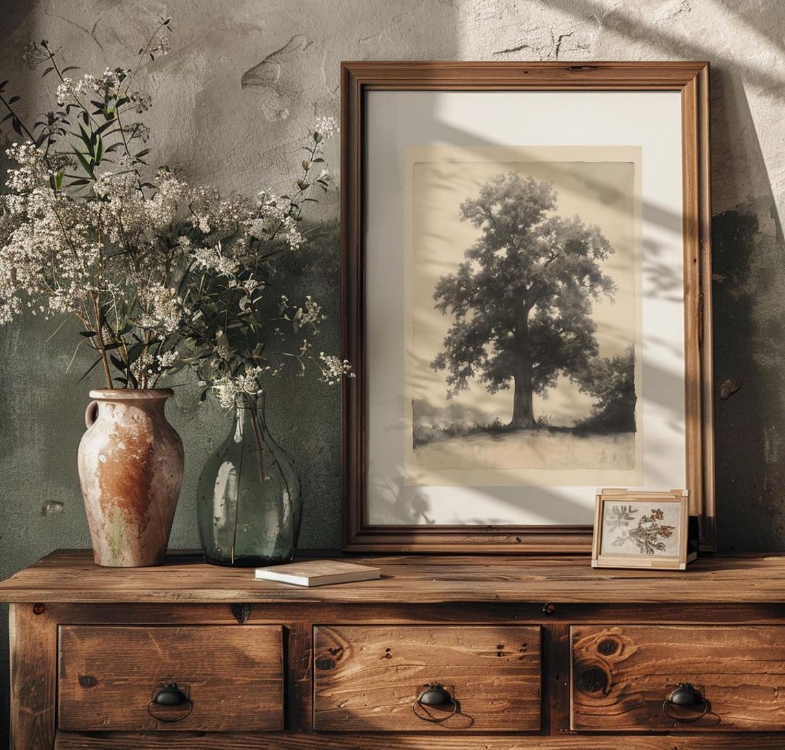 Lone Oak Tree In A Misty Field Vintage Botanical Style Print - Image 2