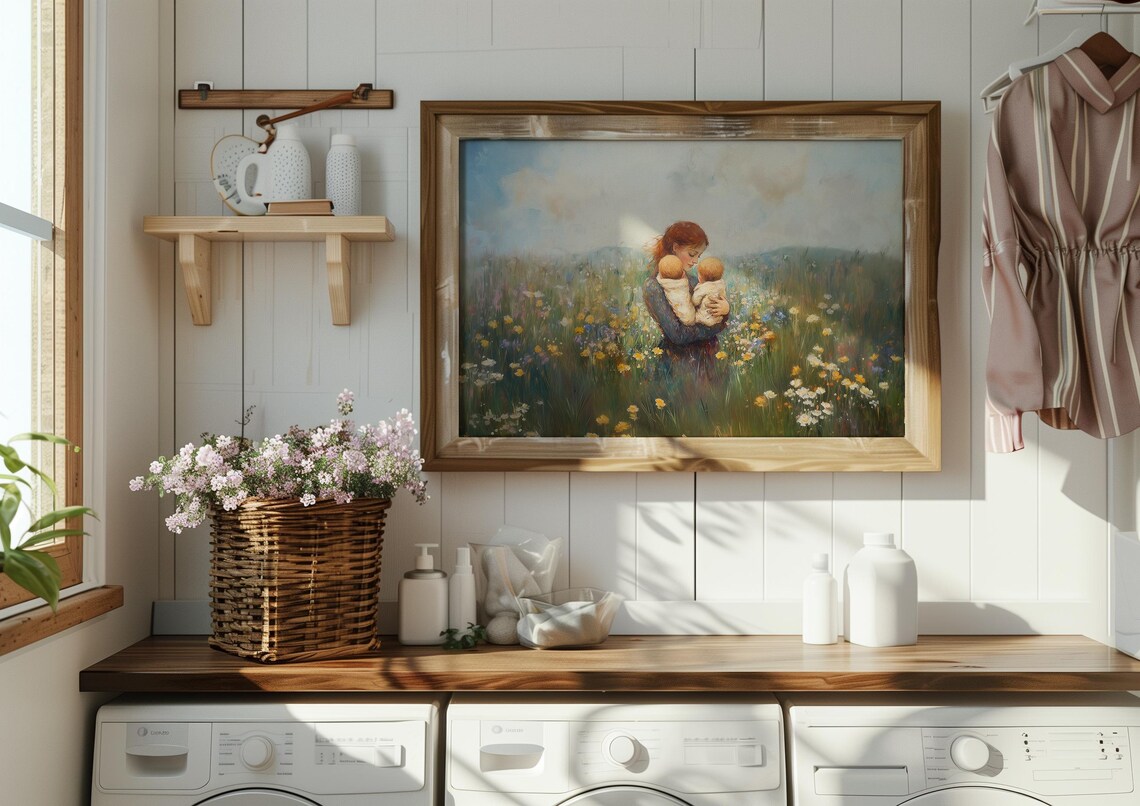 Mother Cradling Twin Babies in a Wildflower Meadow Art Poster - Image 3
