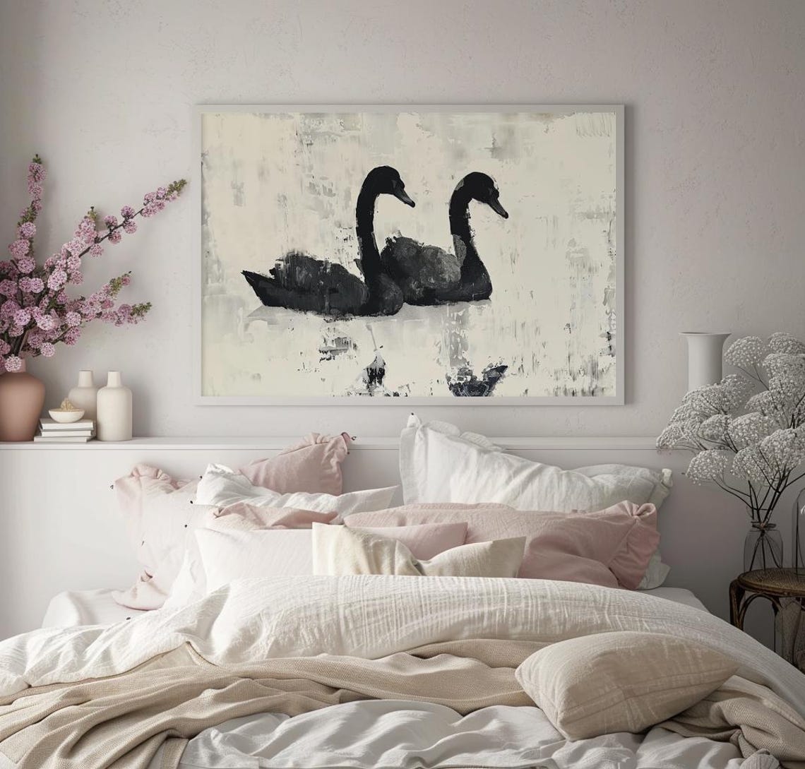 Two Black Swans Minimalist Abstract Ink Painting Art Wall Poster - Image 2