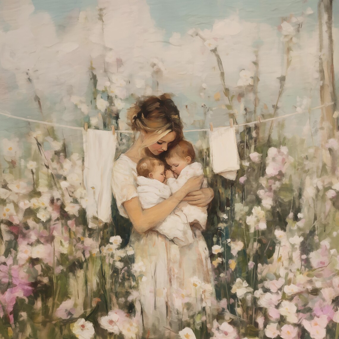 Twin Motherhood Flower Garden Painting Soft Mother And Baby Poster - Image 2