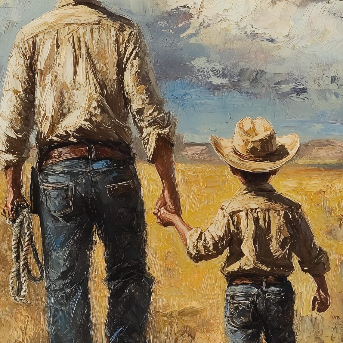 Cowboy Father and Young Son Walking Hand in Hand Across Prairie Poster - Image 2