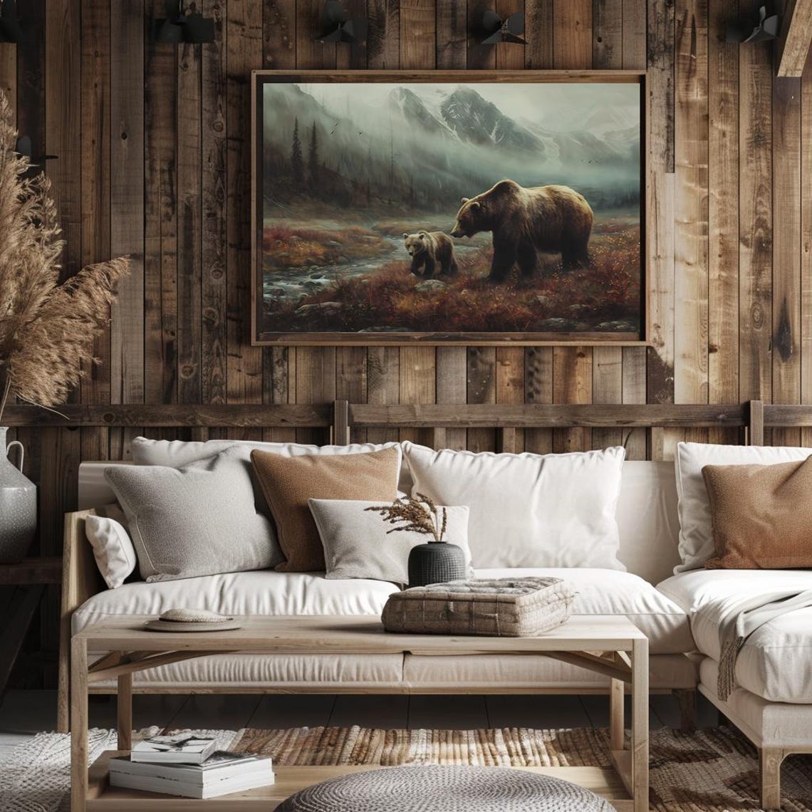 Mother Brown Bear and Cub in a Misty Mountain Valley Wilderness Poster - Image 2