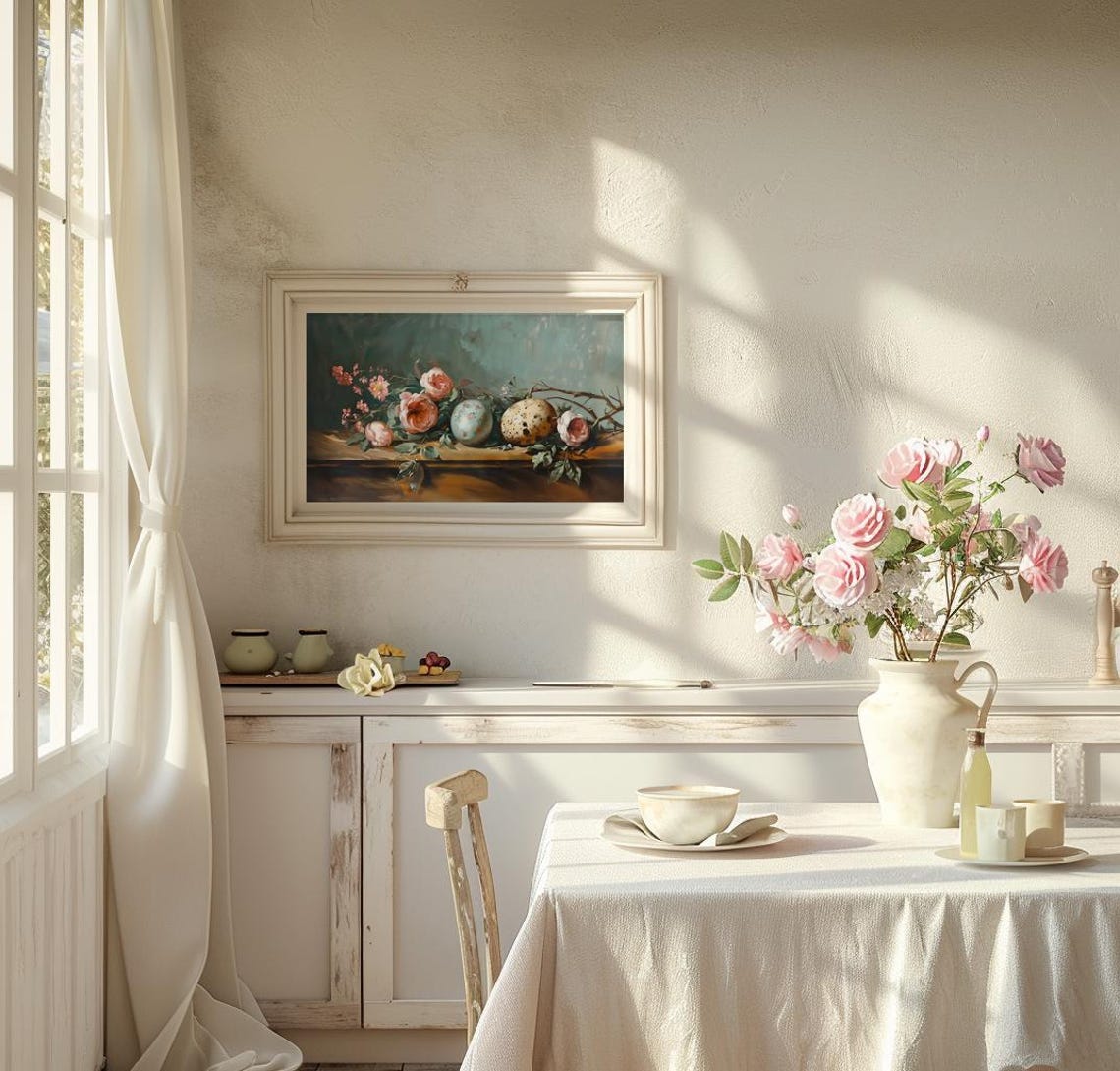 Painted Easter Eggs with Blush Roses on a Wooden Ledge Poster - Image 2