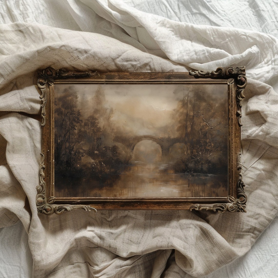 Moody Sepia Oil Painting of an Arched Bridge Over a River Poster - Image 2