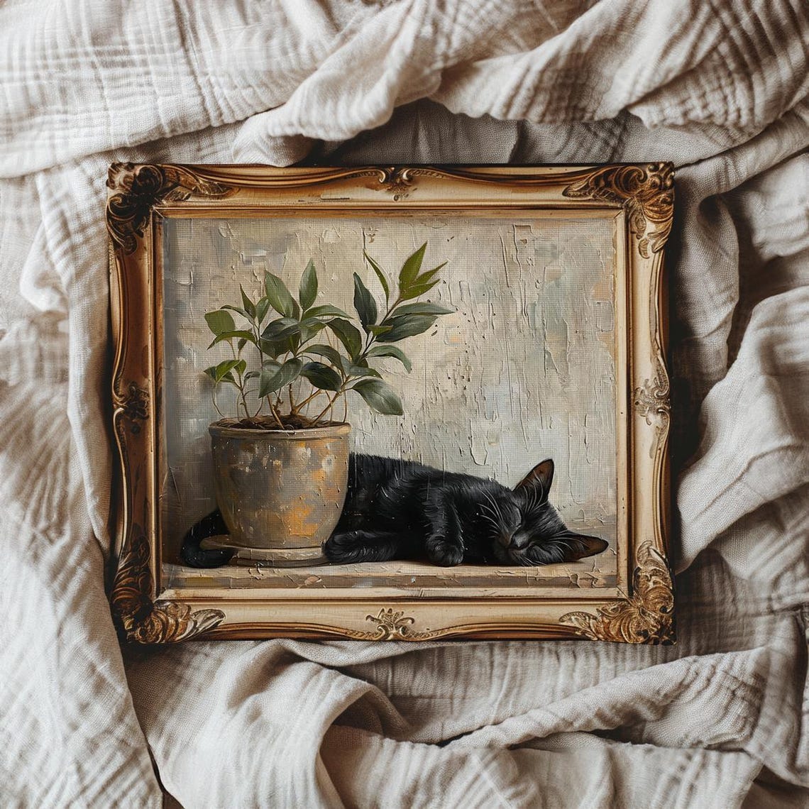 Black Cat Sleeping Beside a Potted Plant on a Wooden Shelf Poster - Image 4