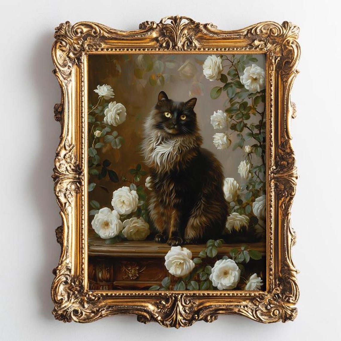 Dark Longhaired Cat Sitting Among White Roses Vintage Oil Poster - Image 2