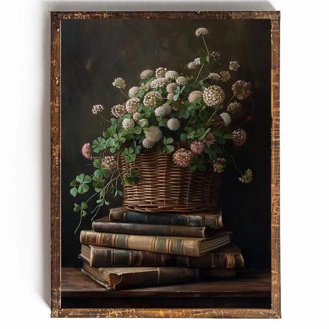 Wicker Basket of Clover Blossoms Atop Stack of Vintage Books Poster
