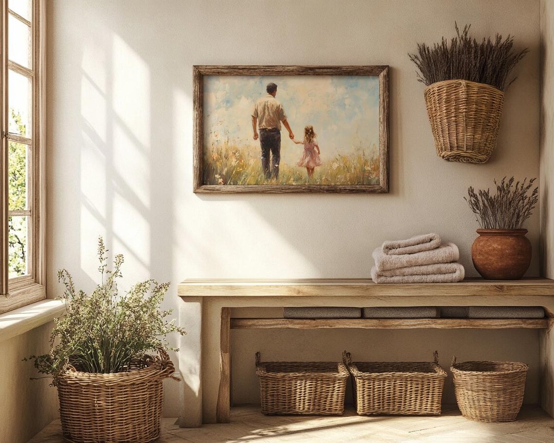 Father And Daughter Walking Hand In Hand In A Wildflower Field Poster - Image 2