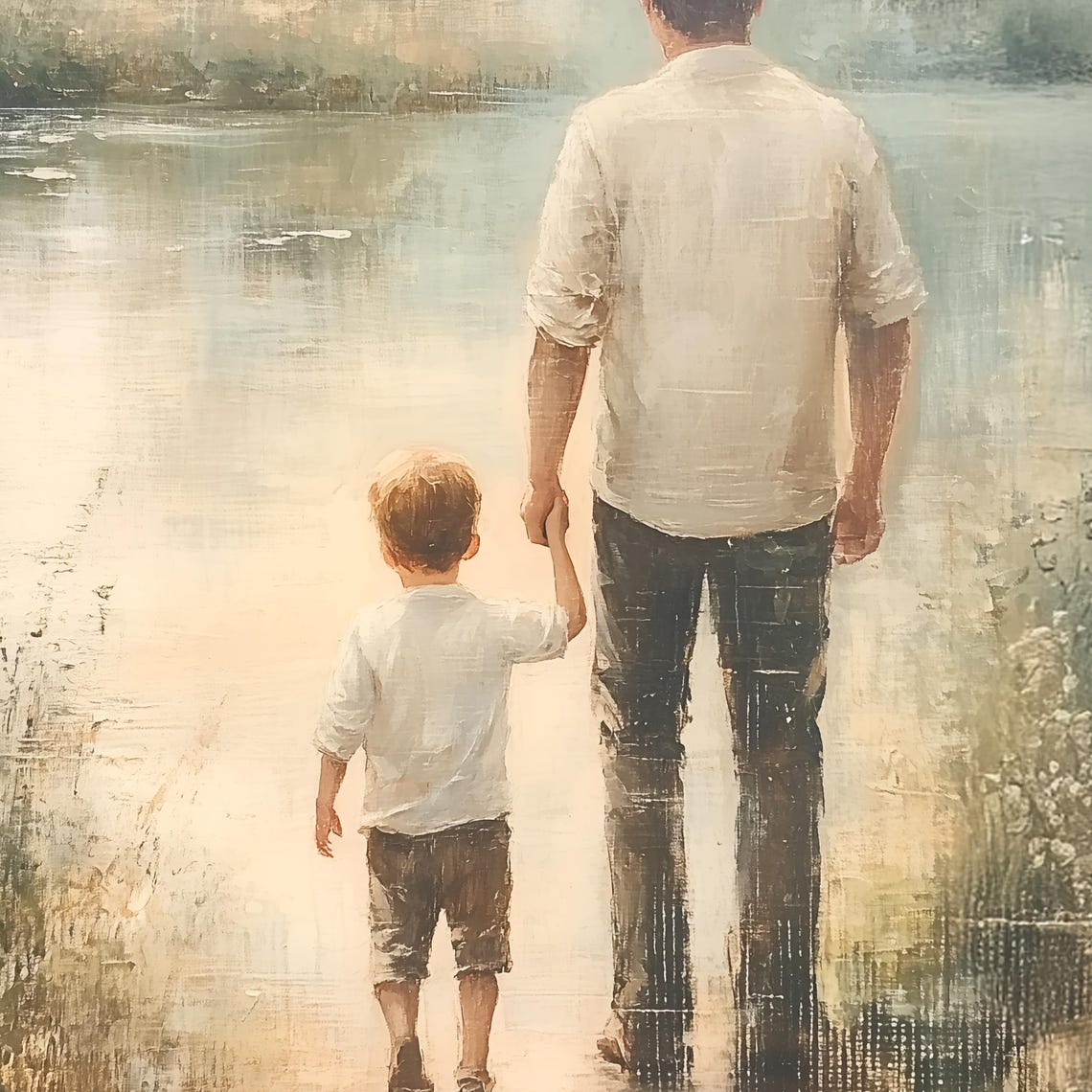 Father And Son Walking Hand In Hand By A Misty Lake Painting Poster - Image 2