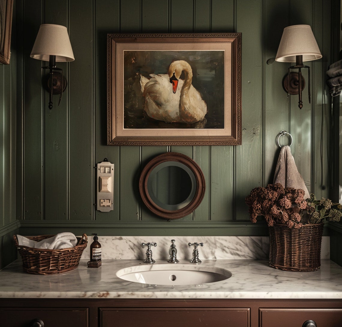 White Swan Painting Dark Oil Painting Wall Art Print Cottagecore Swan Art Dark Cottagecore Wall Art Antique Swan Print Vintage Art - Image 2