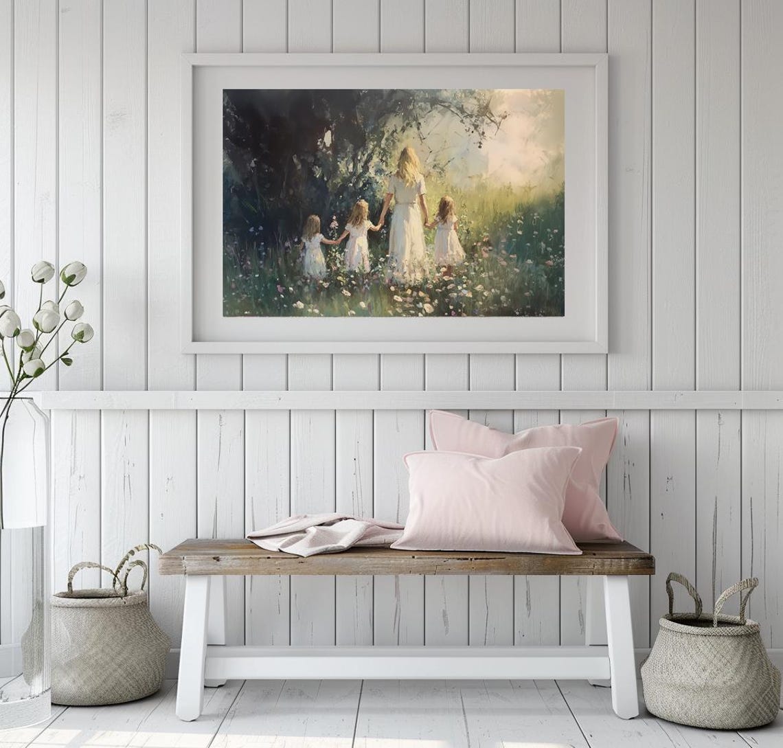 Mother Holding Hands With Three Daughters In Wildflower Meadow Poster - Image 2