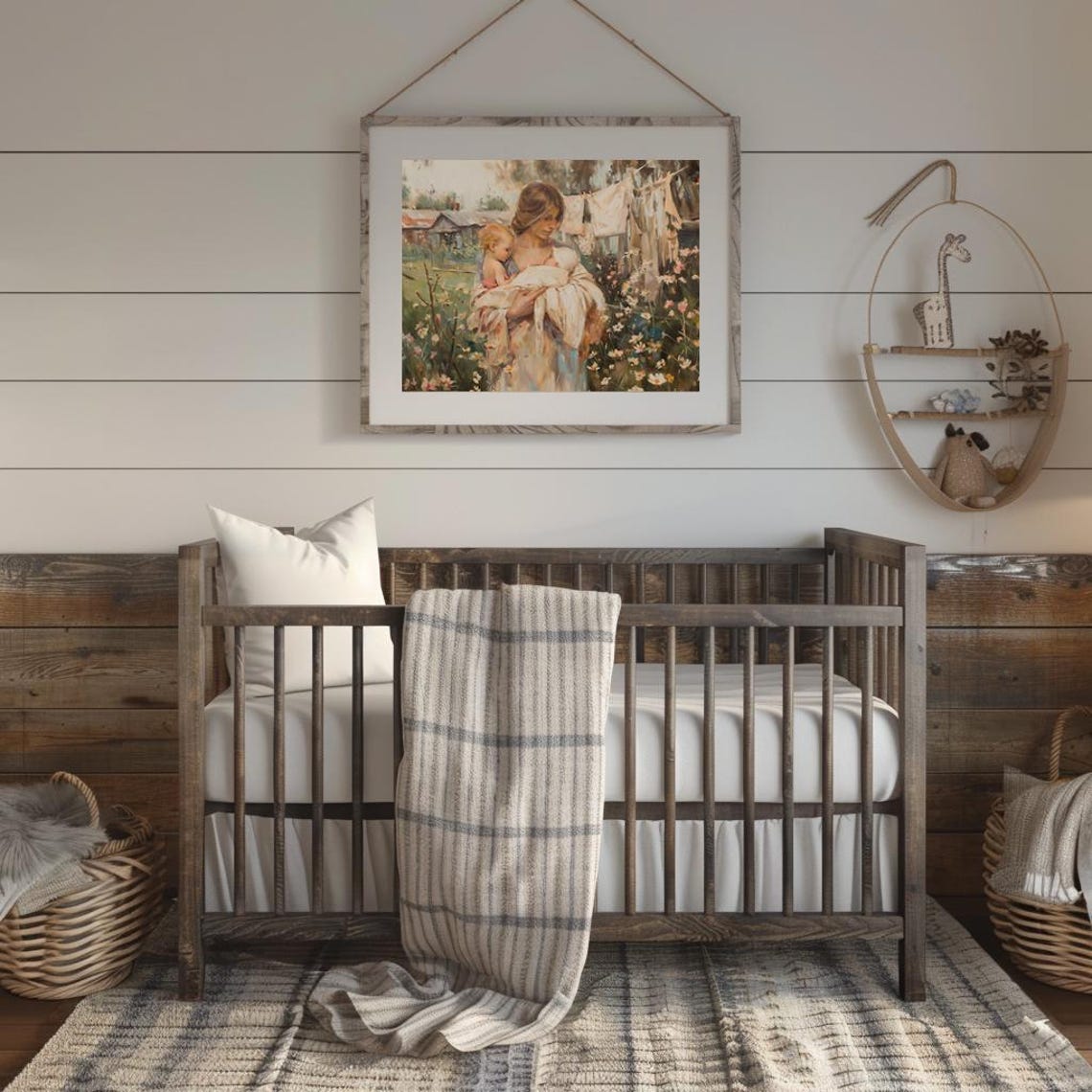 Mother Holding Two Children by a Homestead Clothesline Poster - Image 2