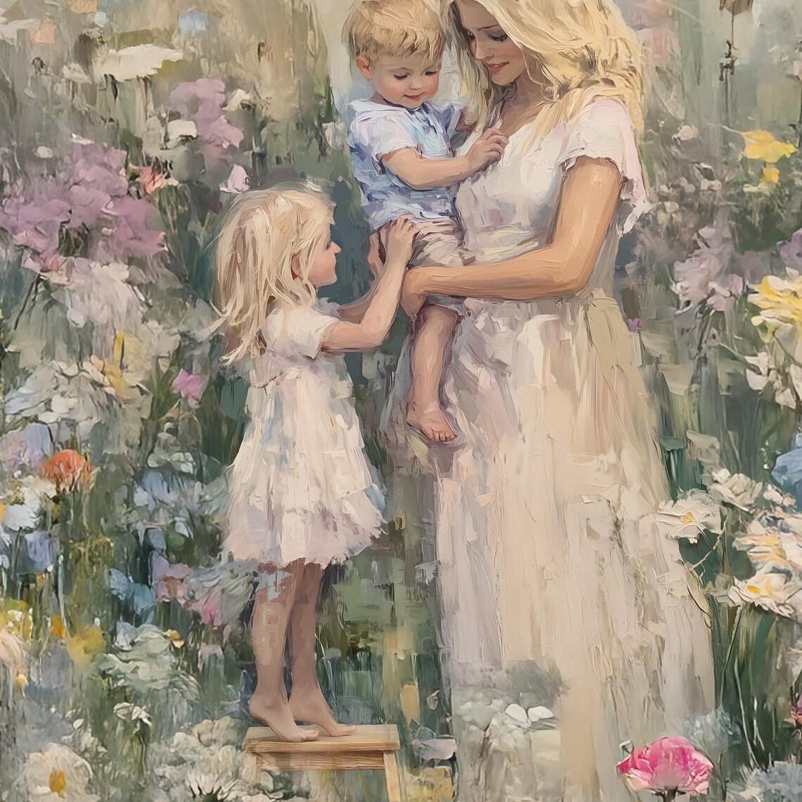 Blonde Mother With Two Children In Wildflower Garden Art Poster - Image 2