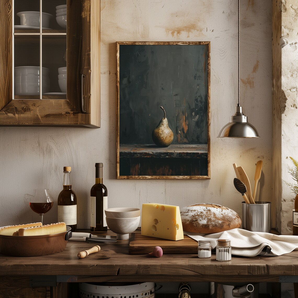 Single Speckled Pear on a Wooden Shelf Dark Moody Still Life Poster - Image 4