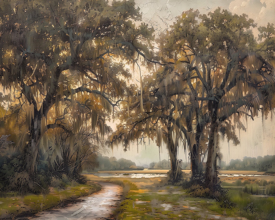 Moss Draped Oak Trees Along a Winding Path at Golden Hour Poster - Image 3