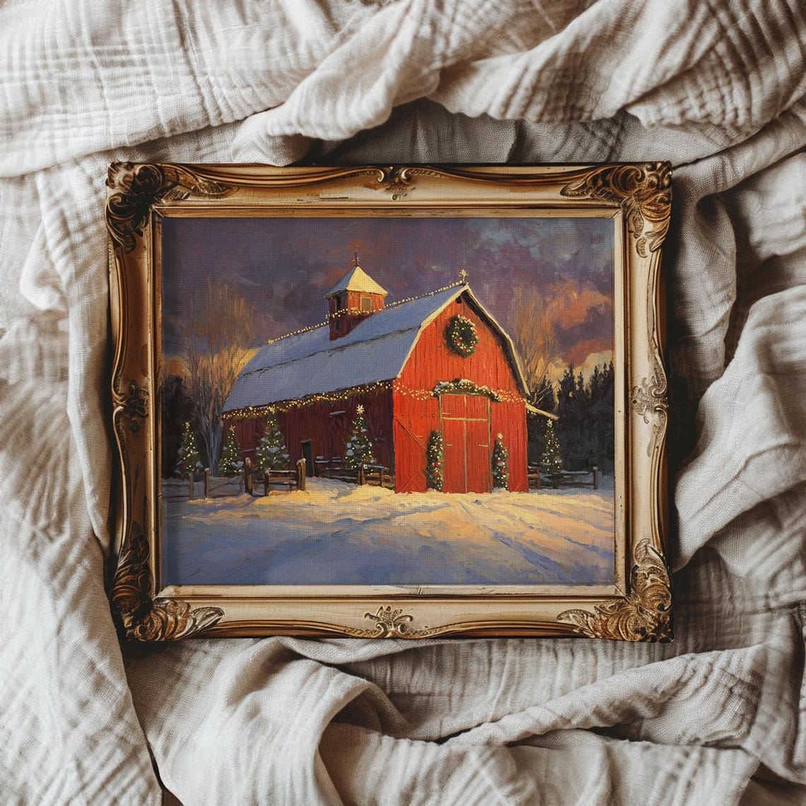 Red Barn in Snow with Christmas Lights Holiday Farm Scene Poster - Image 2