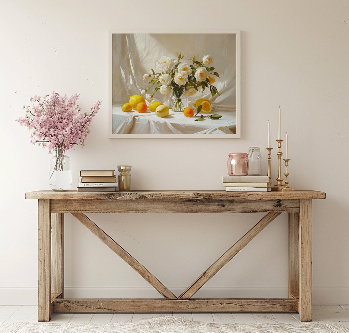 White Peonies and Lemons Summer Still Life Kitchen Wall Poster - Image 2