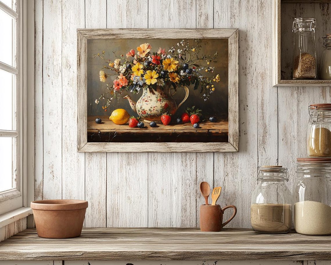 Wildflower Bouquet In a Floral Teapot With Summer Fruit Poster - Image 2