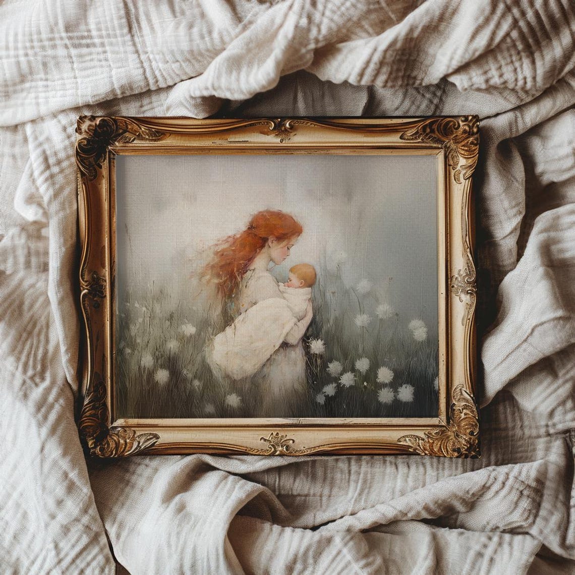 Red-Haired Mother Holding Her Baby in a Soft Misty Meadow Poster - Image 3