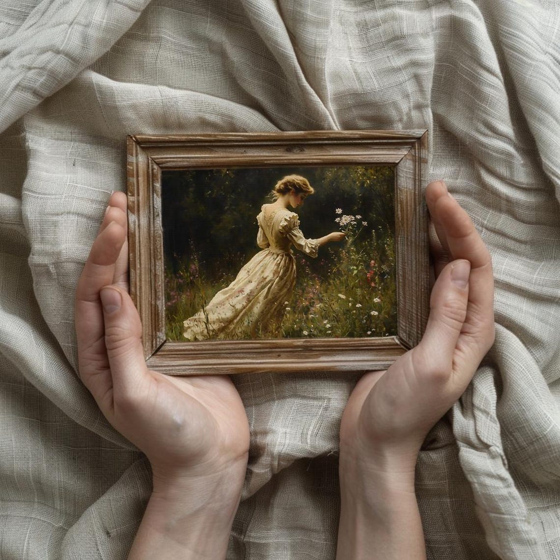 Victorian Lady Picking Wildflowers In Meadow Dusk Painting Poster - Image 3